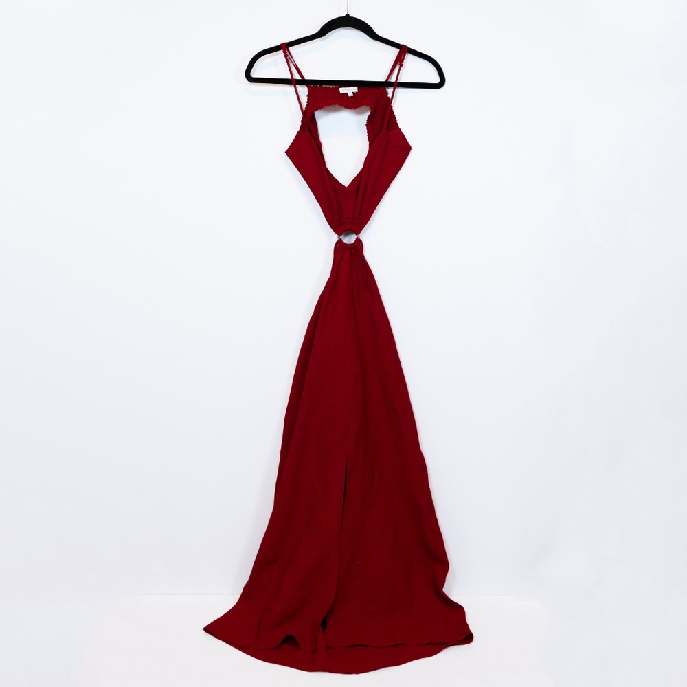 Fifth & Mode O-Ring Cut Out Linen Blend Tank Strap Midi Dress Red 2